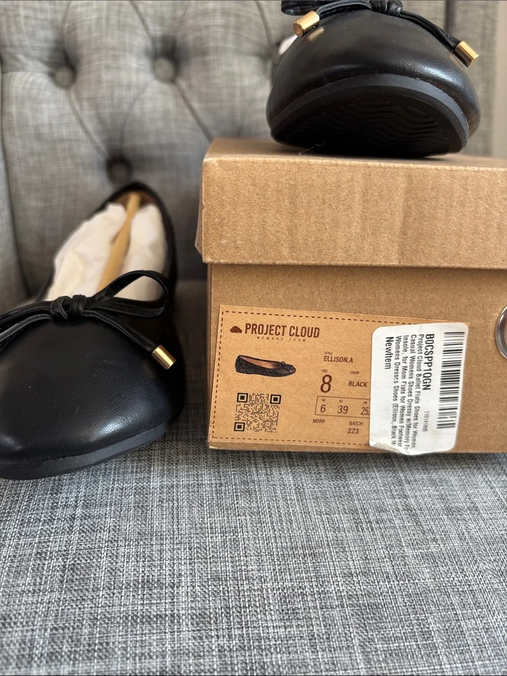 Women's Black Leather Ballet Flats with Bow Accent